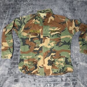 US Military BDU Field Jacket Mens Large Long Woodland Camo Ripstop Distressed